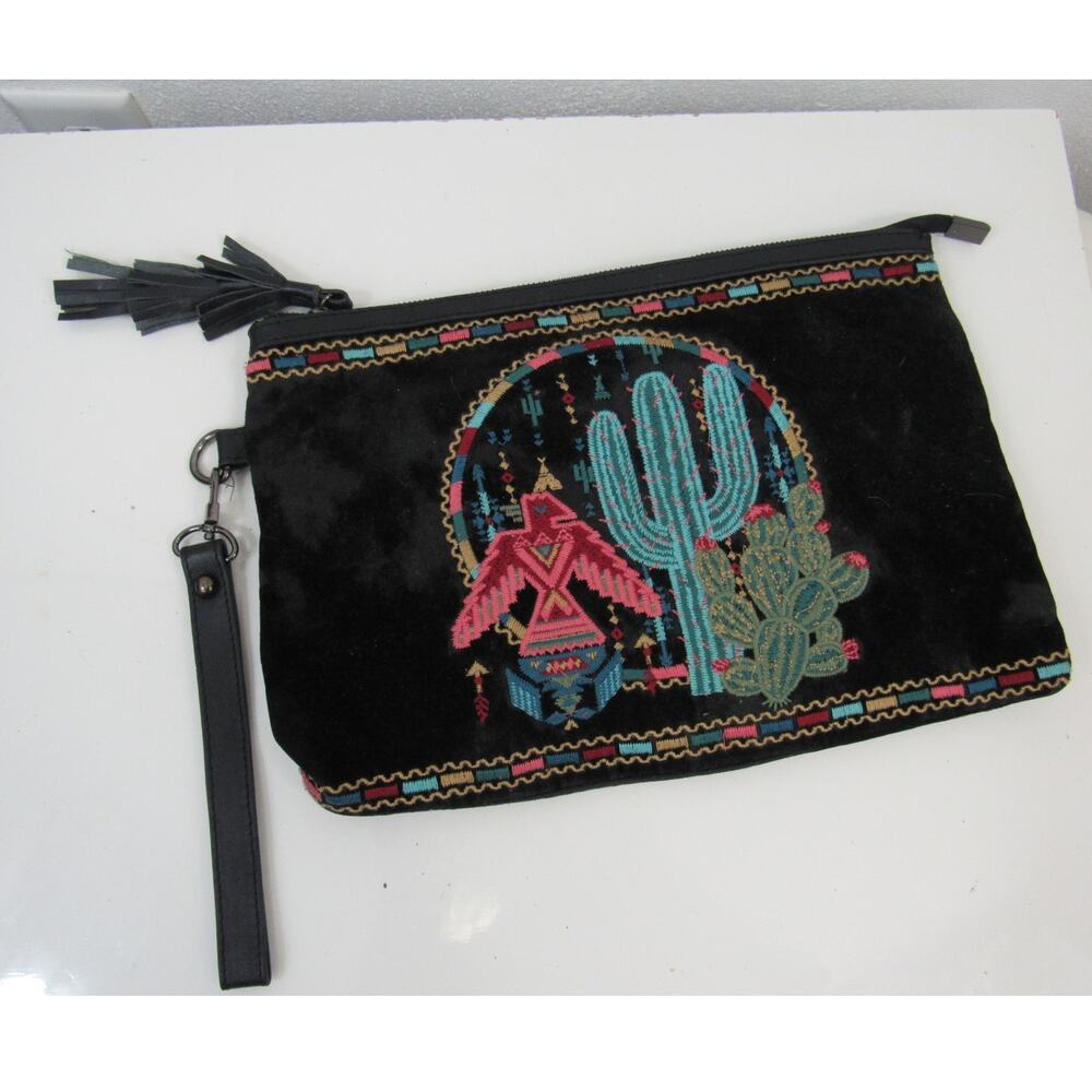 Savanna Jane Black Suede Embroidered Wristlet Clutch Bag Cactus Western
